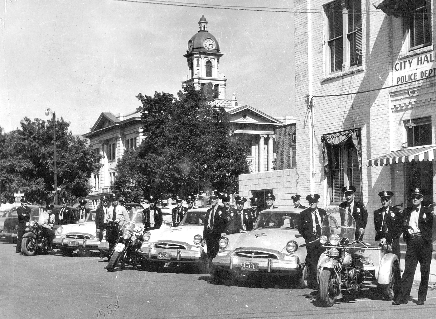 Police Officers in front of City Hall with Fleet Cars and Motorcycle 1958