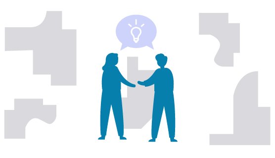 Image of two people with a conversation bubble with a lightbulb in it above their heads. They are discussing their ideas.