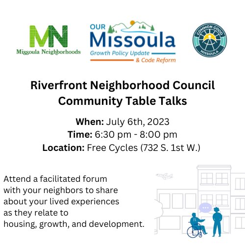 Riverfront Table Talk image with information and a graphic of neighbors talking and riding a bike.