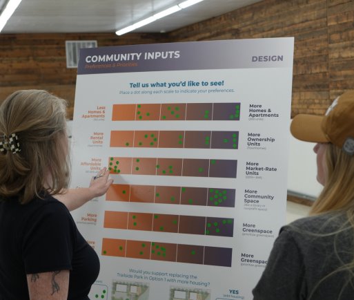 Two people review a likert scale at a public workshop