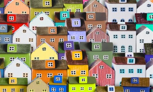 Colorful houses in rows.