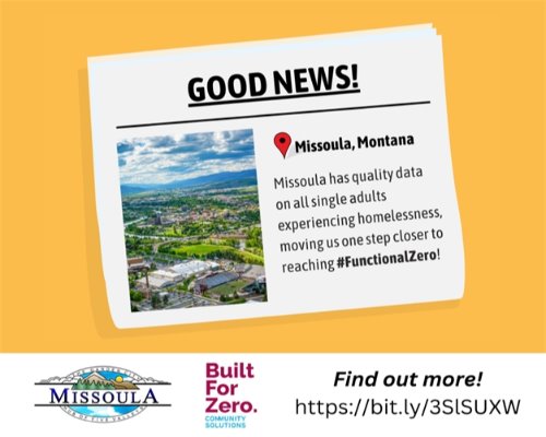 Good news! Missoula has quality data on all single adults experiencing homelessness, moving  us one step closer to reaching #FunctionalZero!  Find out more https://bit.ly/3SlSUXW 