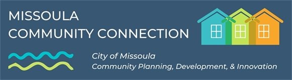 Missoula Community Connection Banner with Text and a Graphic of Three Houses