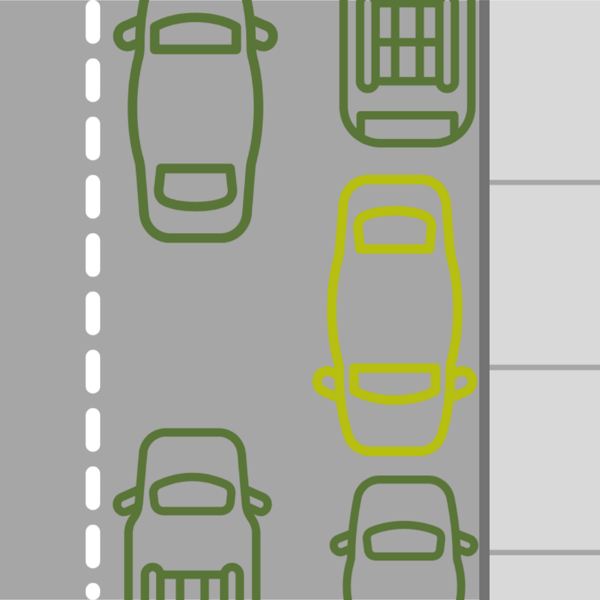A vehicle is parked the opposite direction of other vehicles that are parked parallel to the curb