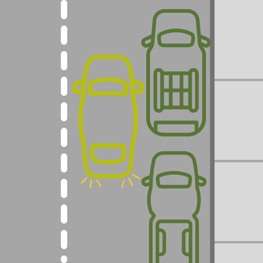 A vehicle is double parked adjacent to other vehicles parked parallel to the curb