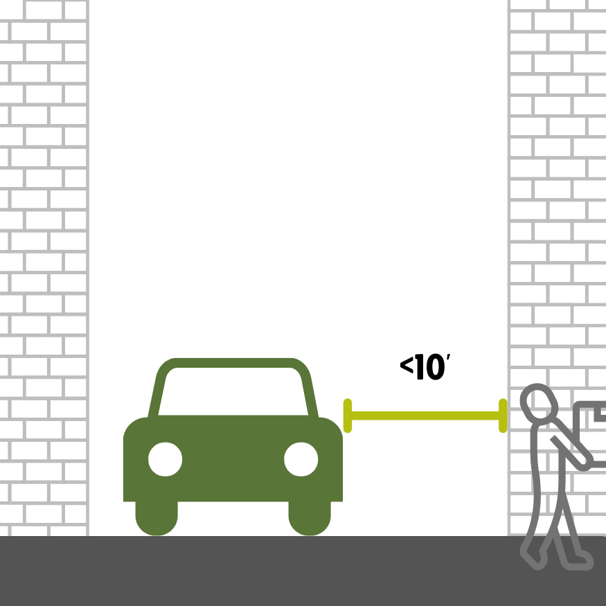 A vehicle has left less than 10' between the side of the vehicle and the alley, a person is movin